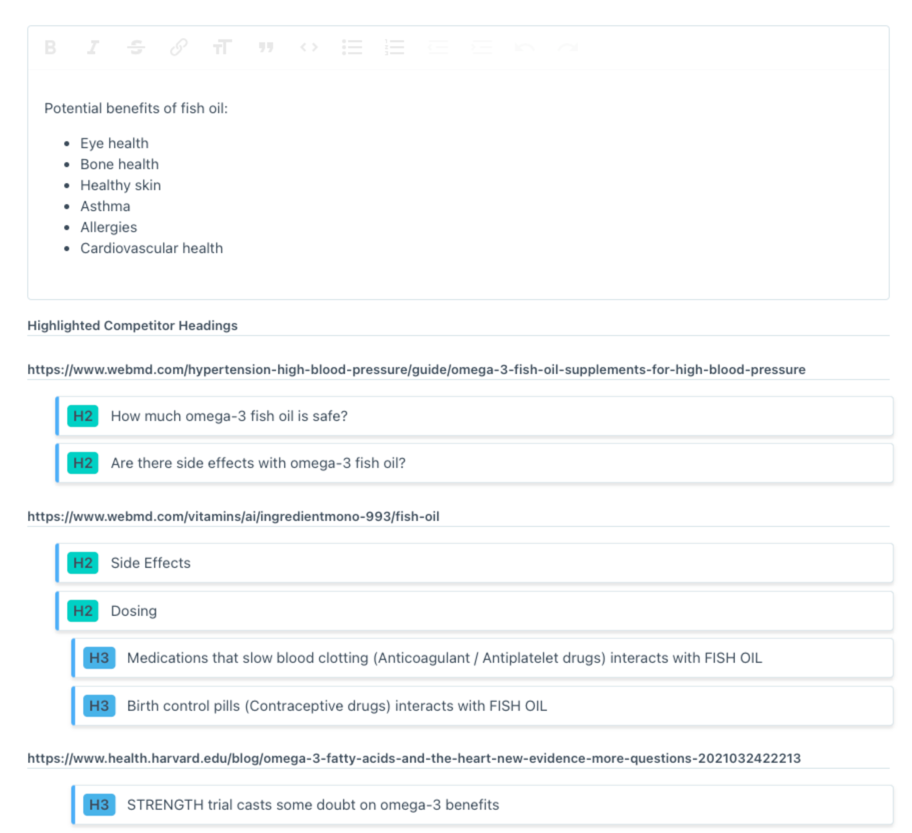 Example of competitor heading analysis inside Content Harmony's produce.