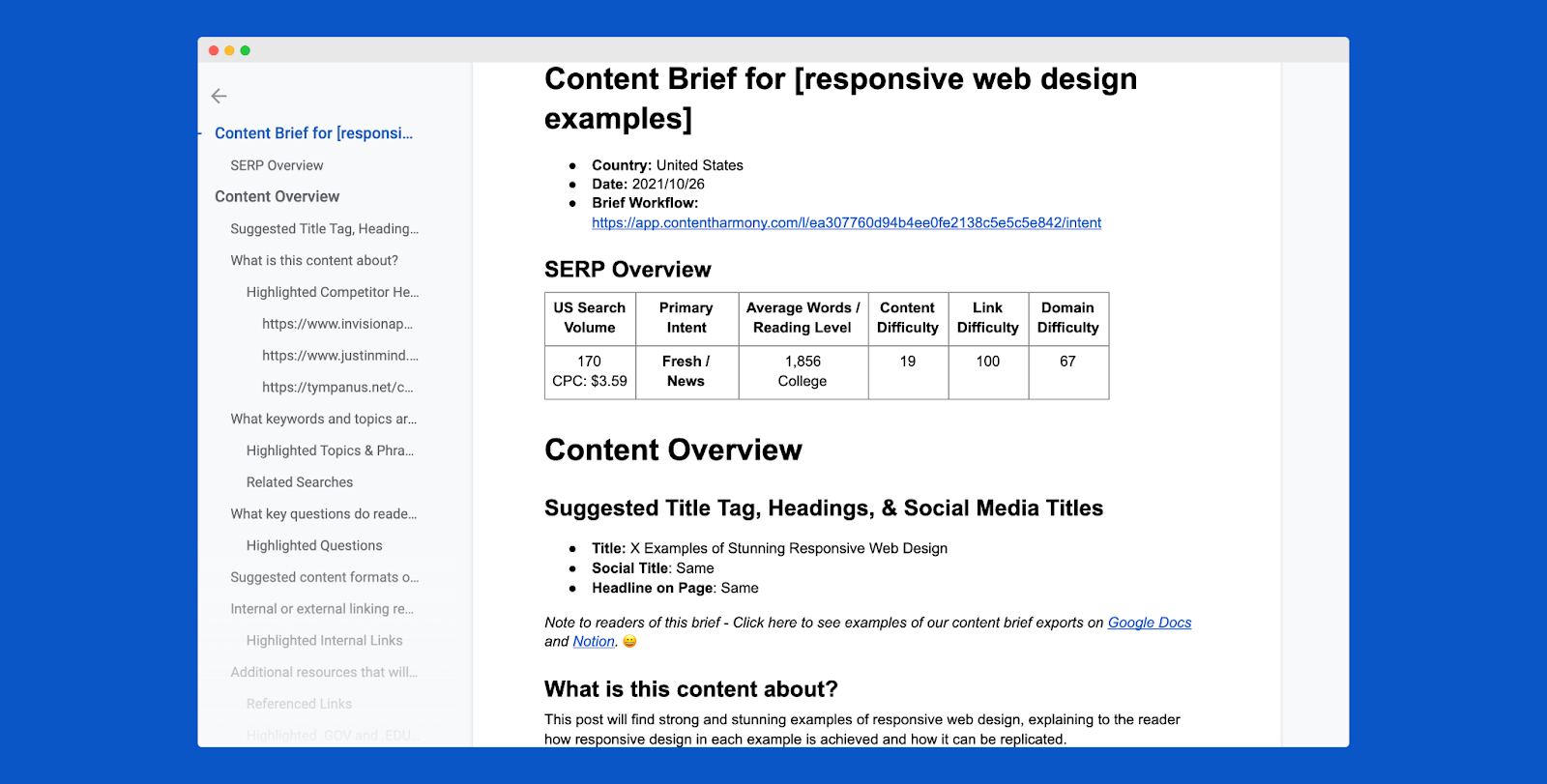Example of a content brief exported from Content Harmony into Google Docs format.
